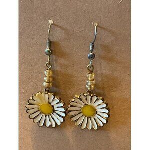 Enamel Daisy Flower Charm Hook Dangle Earrings